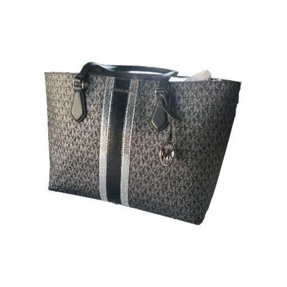 Michael Kors Sheila Black Gray Silver Double Handle Logo Medallion Tote 10" X16" - Picture 1 of 9